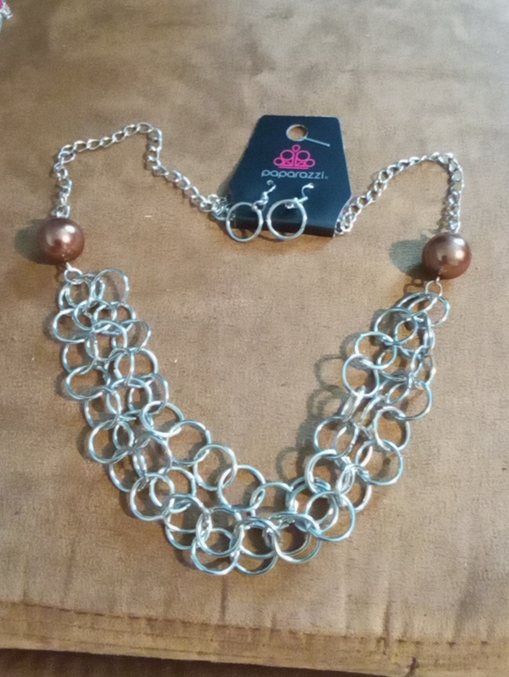 Paparazzi Silver Multi-Ring Necklace with Brown Pearl Accents